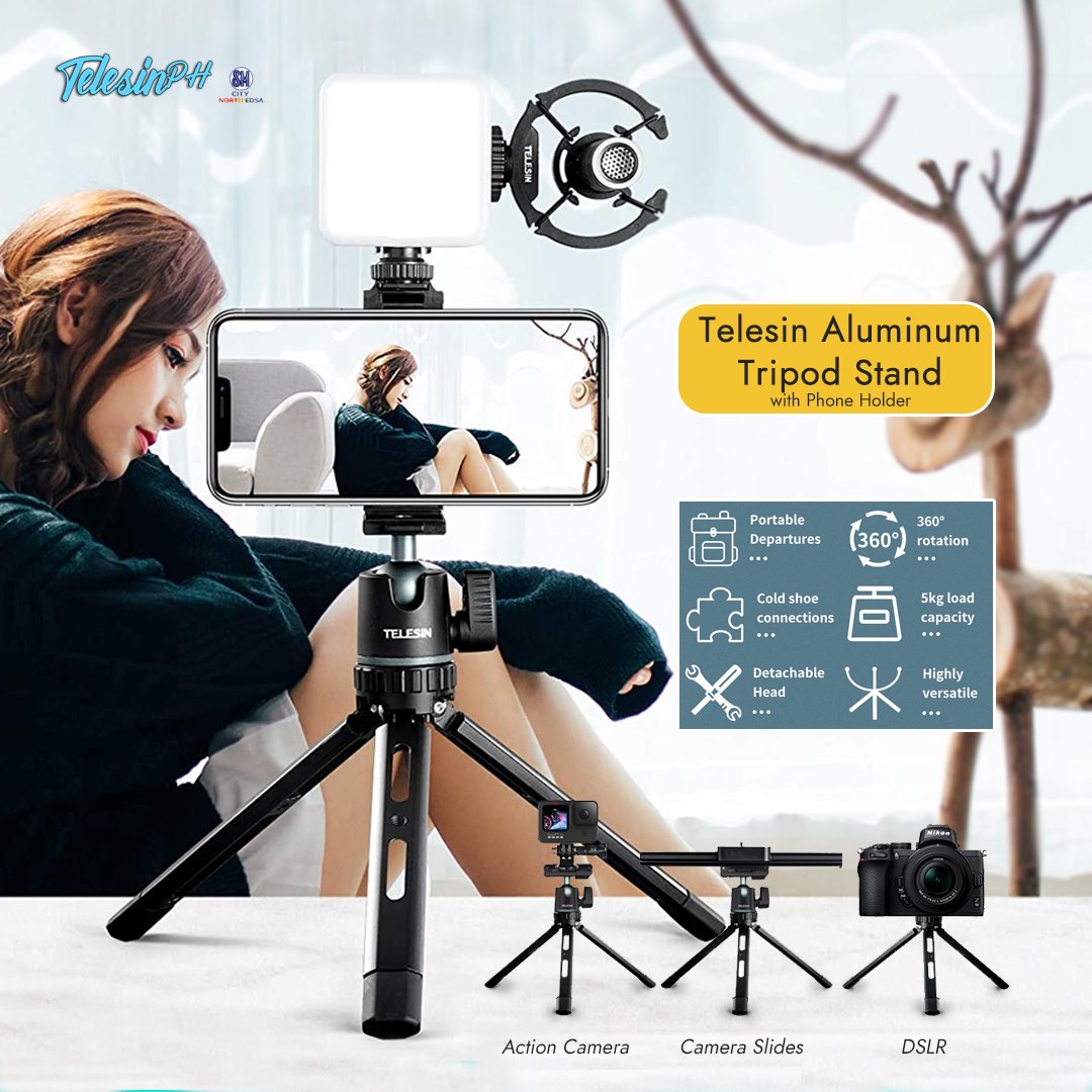 Capture your best angle, hands-free with Telesin Aluminum Tripod Stand! It comes with a built-in phone clip holder for a mobile device and compatible with Action Cameras, DSLR, and Camera Slide. Perfect for Vlogging, Picture Taking, and Videography. Get it here for only ₱569!...