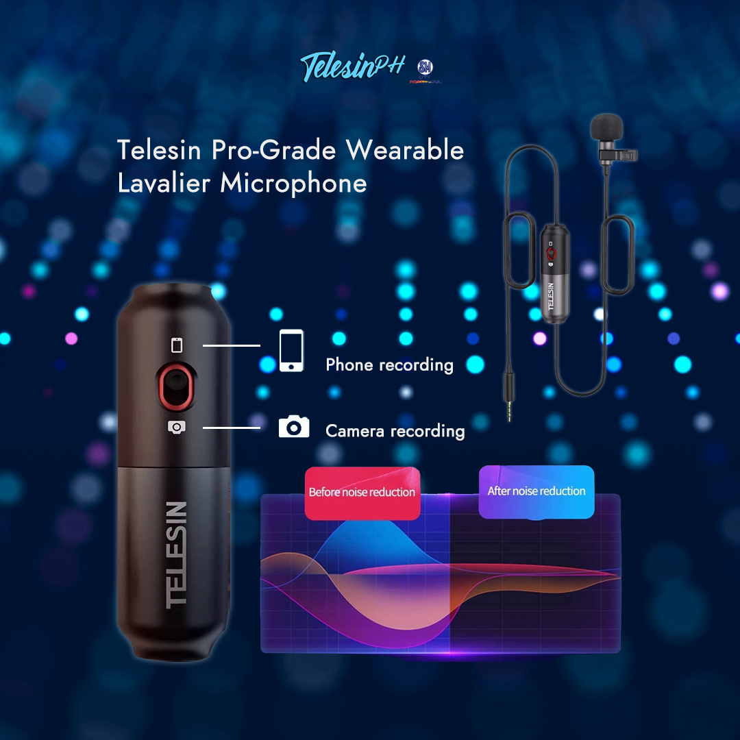 Improve the quality of your audios with Telesin Pro-Grade Wearable Lavalier Microphone! A clip on mic that can easily attach to your tie, collar, or shirt for more clearer audio with Noise Reduction Chip and Algorithm to minimize the unnecessary sounds in your surroundings.  Get it for only ₱699!...