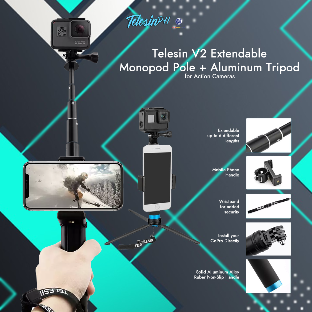 An Extendable Monopod + Tripod for all Action Cameras and Smartphones. Telesin V2 is an upgraded aluminum alloy tripod mount adapter, strong stability with a Phone holder that fits any phone within 55 mm - 85 mm width. The Twist-and-lock feature allows Telesin Monopod to extend from 8 to 36 inches long. Get it here for only ₱699!...