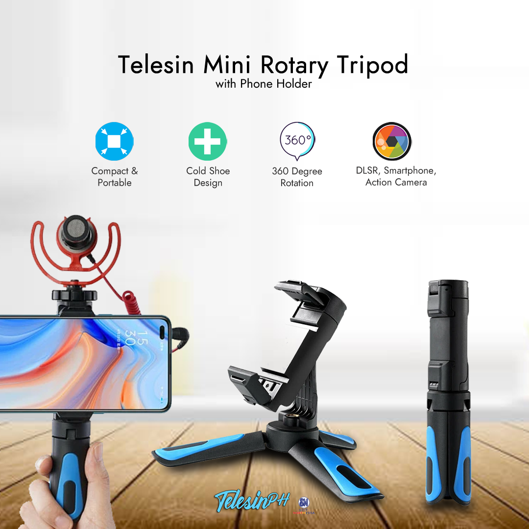 Traveling with Telesin Mini Rotary Tripod is all you need for your next adventure! It comes with an external cold shoe mount for added accessories like lighting or a microphone. A 360-degree free rotation built-in ball for easy angle adjustments and it can support up to 2kg SLR cameras. Get it for only ₱299!