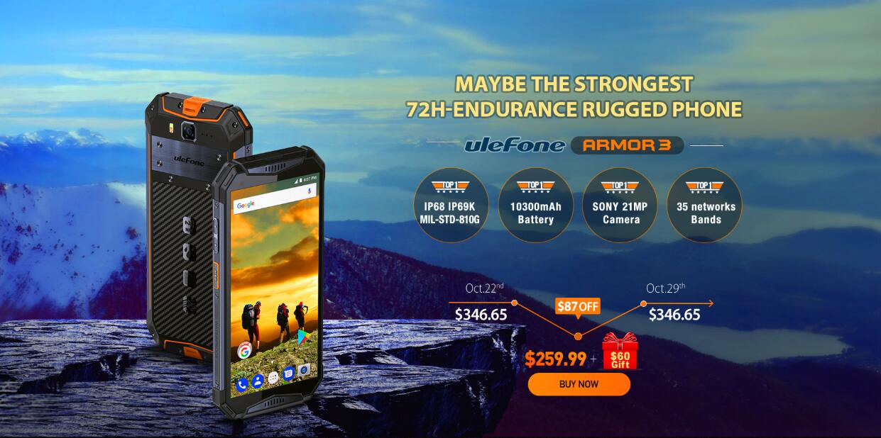 Ulefone Armor 3 Global Open Sales start today with $87 off and gifts worthing $60 offered.