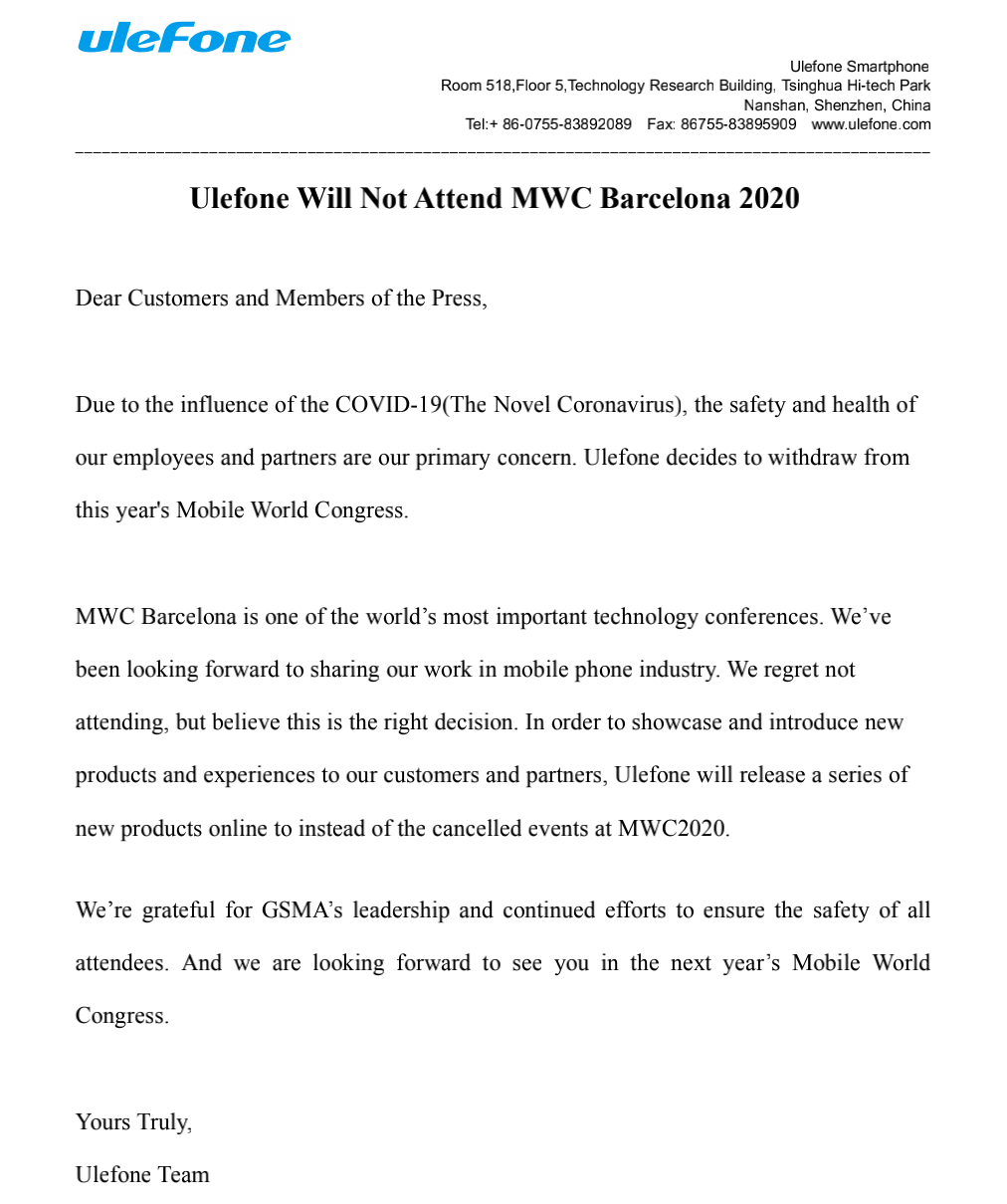 📢📢📢 ANNOUNCEMENT! 📢📢📢 Dear Customers and Members of the Press, Due to the influence of the COVID-19(The Novel Coronavirus), Ulefone ...