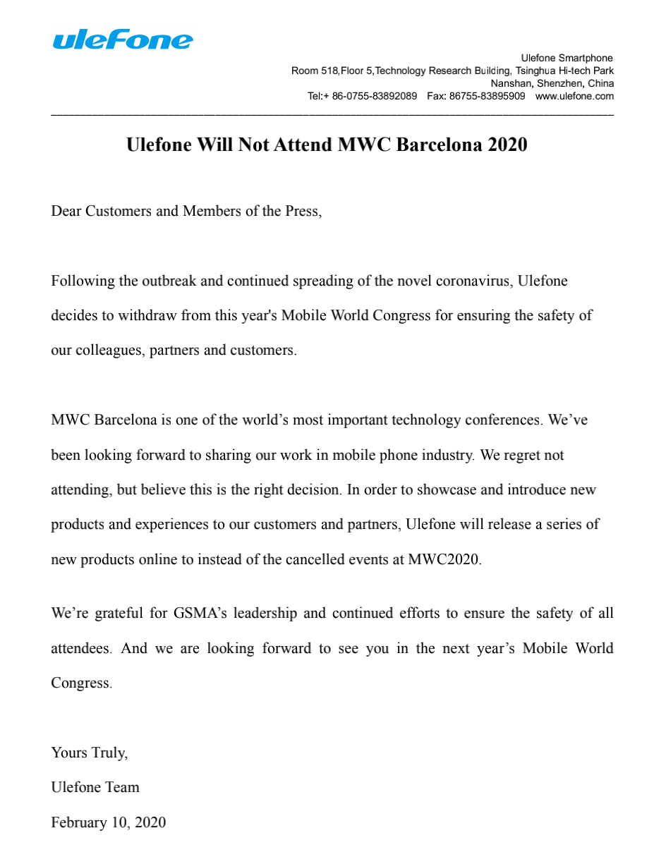 📢📢📢 ANNOUNCEMENT! 📢📢📢 Dear Customers and Members of the Press, Following the outbreak and continued spreading of the novel coronavirus, Ulefone ...