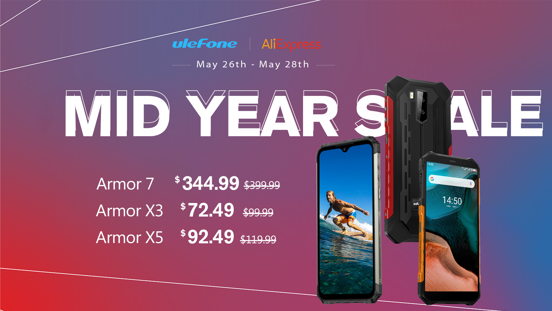 Ulefone & Aliexpress Mid-year big sale is ongoing now, a great chance for you to get your favorite model at the lowest price.