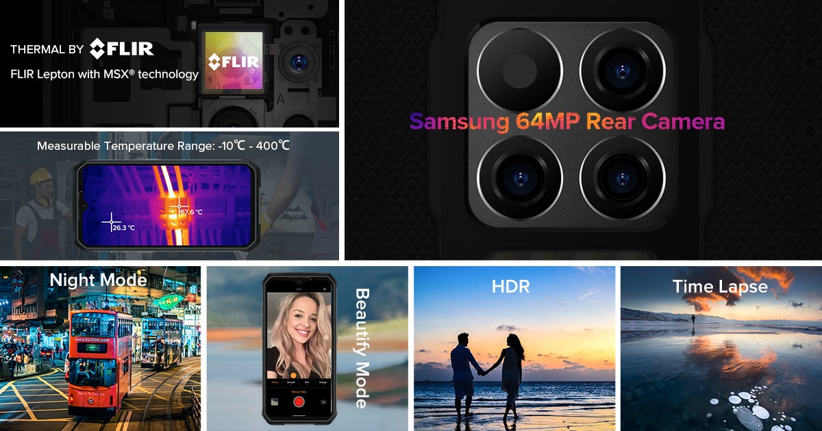 The largest highlight of Ulefone Armor 9 is definitely the thermal imaging camera by FLIR®. In addition, it packs ultra high definition Samsung 64MP camera sensor, can capture crisp, detailed images in any environment and supports to take 4K videos. 