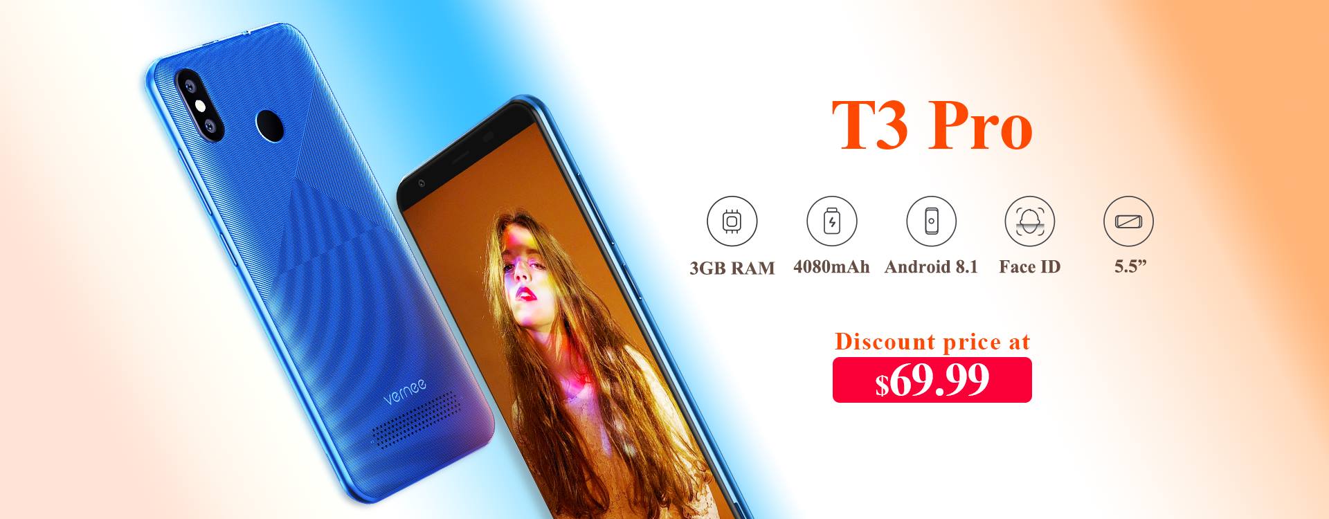 The big battery 3GB RAM Smartphone vernee T3 pro, flash sale with $30 off, now only $69.99, limited 999 pcs. Campaign time Aug. 20th-26th, start from 0:00 (GMT -8) 