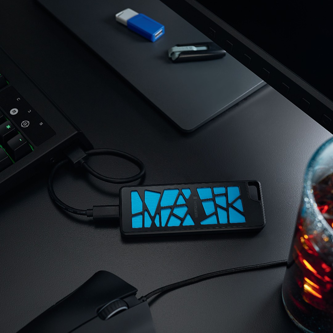 Game on the go with Verbatim VGX1000 PCIe NVMe external SSDs. Part of the Verbatim Gaming Xtreme™ family, these SSDs were designed with gamers in mind. Enjoy blazing fast transfer speeds, high capacities and more!