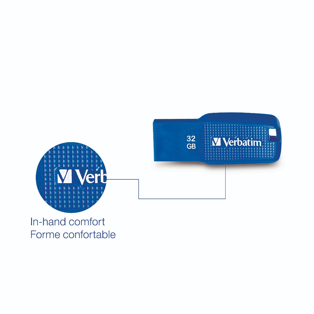 The Verbatim Ergo USB drive is the ideal combination of in-hand comfort and trusted data storage technology. The ergonomic design is easy to grip and the one-piece design means there’s no cap to lose.