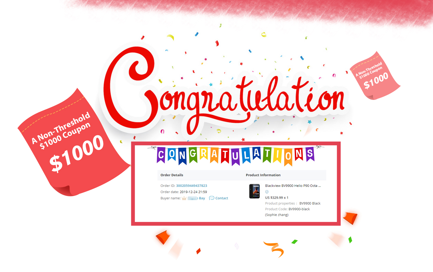 Congratulations! The $1000 non-threshold coupon winner!🎉🥳🎁 Check the picture below. Thank you to all who entered the #Blackview #BV9900 world premiere sale.