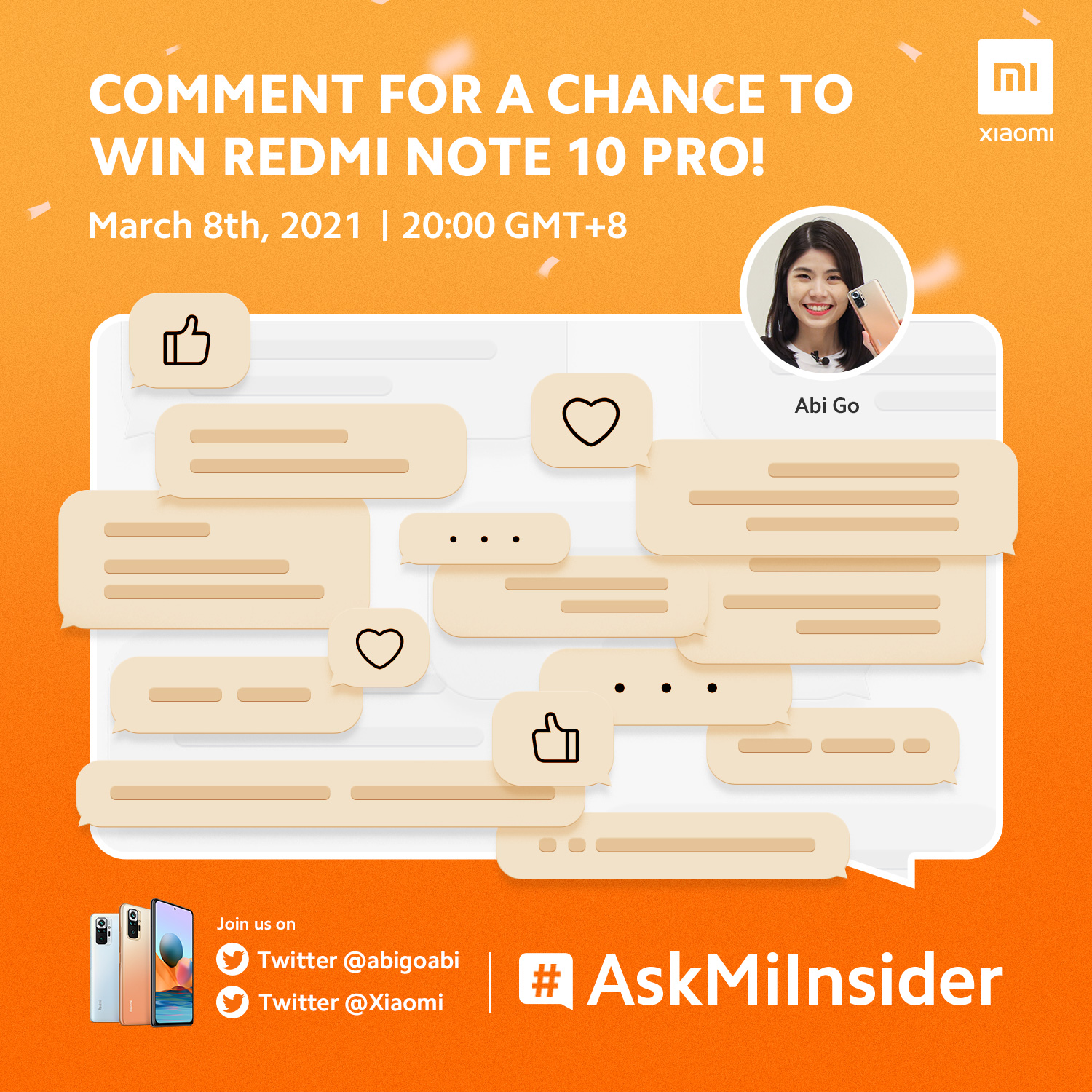 Time to #AskAbiAnything! #ChallengeAccpeted  Our #MiInsider @abigoabi will answer 100 questions and giveaway some #RedmiNote10Pro during her first livestream.  Leave a comment below for the chance to have your question answered!  Join on Twitter @abigoabi @Xiaomi...