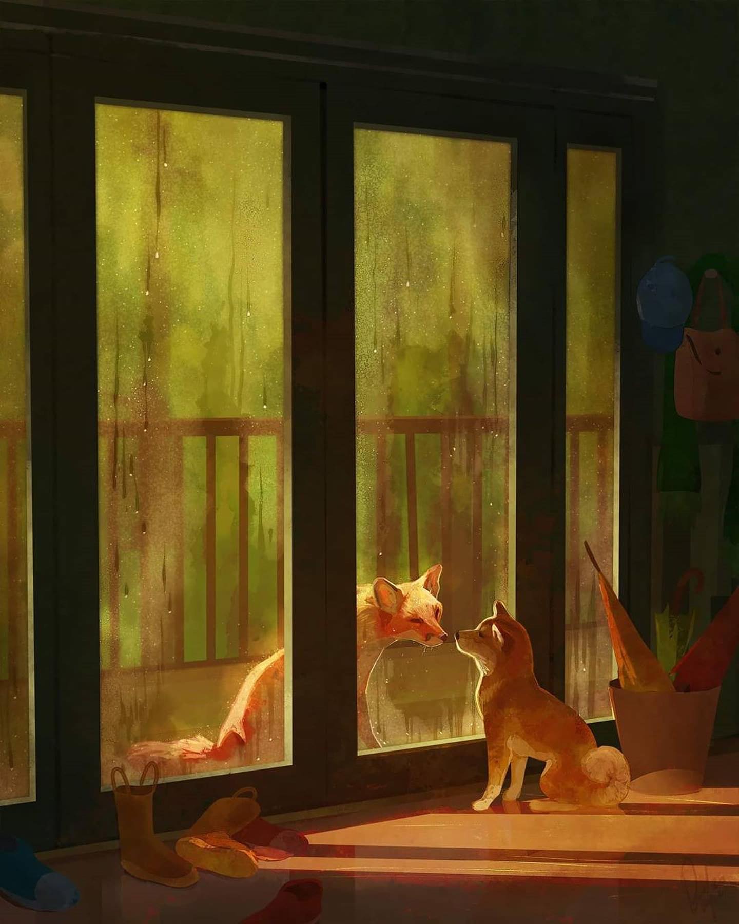 "A new friend who looks like me..." people always say @devinellekurtz Shiba looks like a fox, so Devin made this drawing, what if a shiba and a fox met, through a window? ﻿