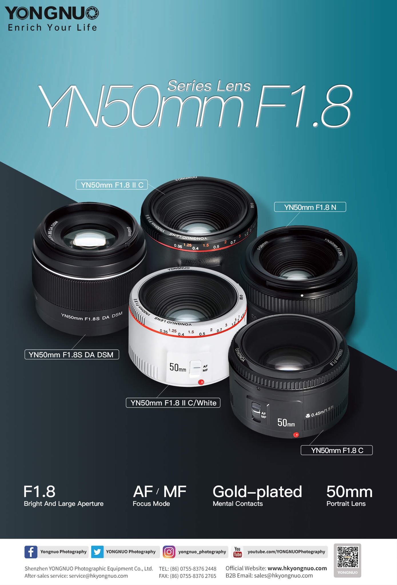 YONGNUO YN50mm Series  Portrait Lenses for Canon, Nikon and Sony cameras. To know more about these lenses, pls visit: