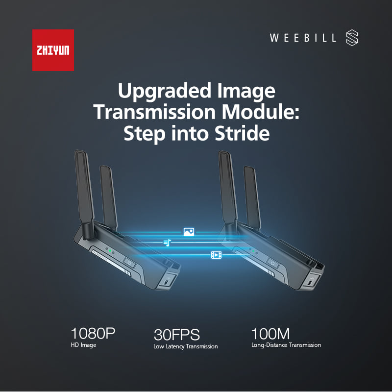 #Zhiyun #WeebillS - Upgraded Image Transmission Module With 1080P 30fps highly synchronised transmission (100-meter distance*) featuring LUT, Pseudocolor, Focus peaking, Zebra Stripes and etc, professional monitoring and livestreaming can be easily achieved on a gimbal