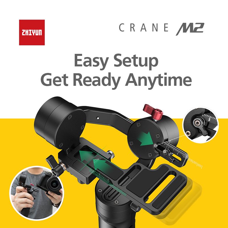 CRANE-M2 is designed with a whole new quick release system - Lite. You can quickly mount or dismount your camera with a SINGLE press of the lock button