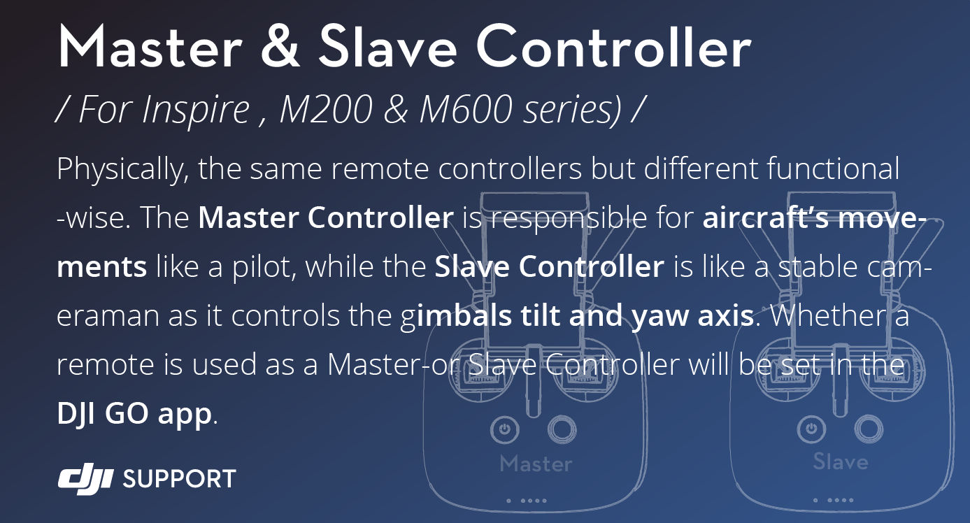 If you connect more than one remote controller to an aircraft from the Inspire, M200 or M600 series you will need to set one as the Master Controller and the others as Slave Controllers.