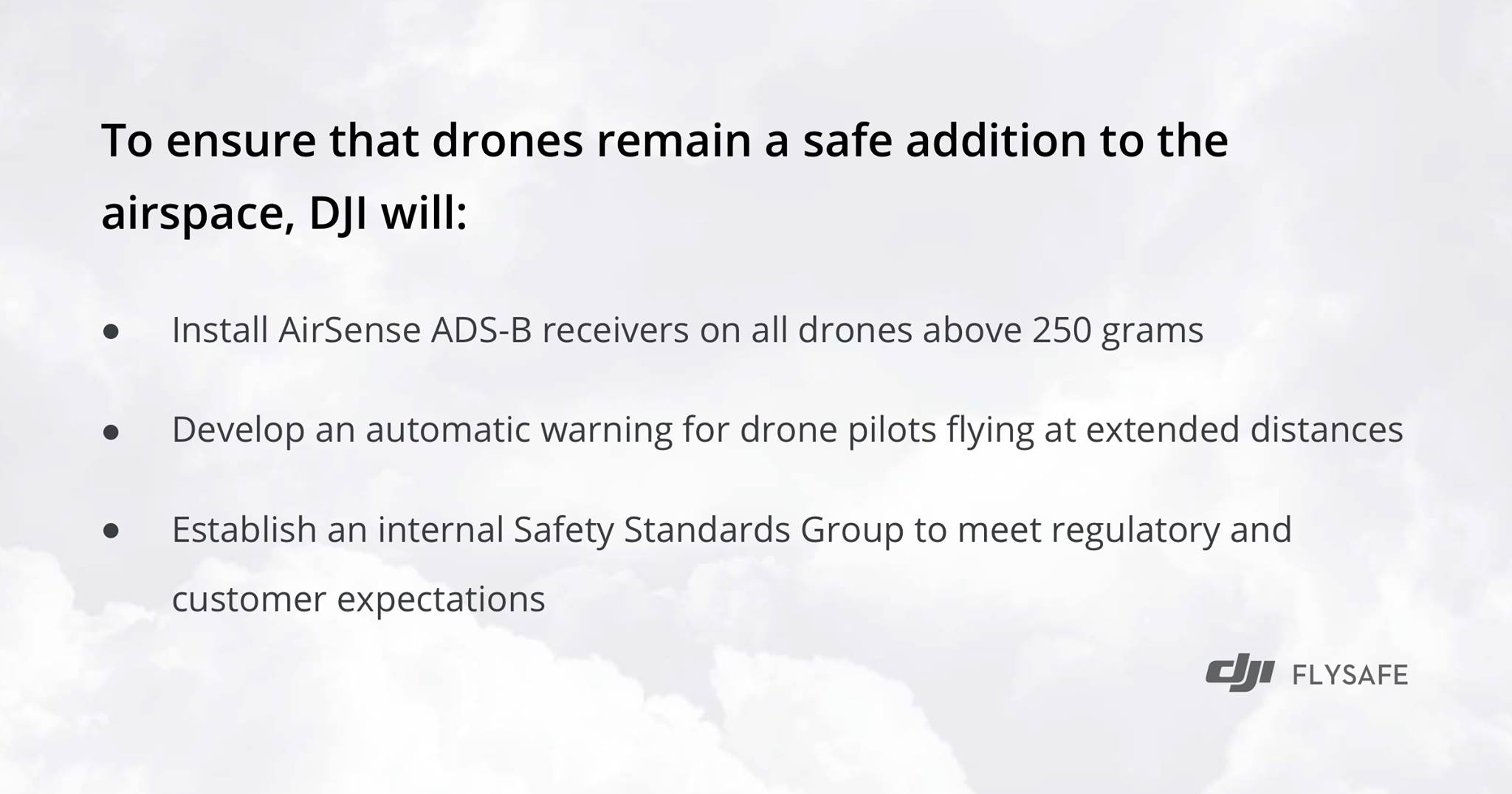 Our white paper ‘Elevating Safety’, charts a path to help ensure that drones remain a safe addition to the airspace. We outline ten steps for ourselves, our government partners and our industry to help build public confidence and trust in drones. 