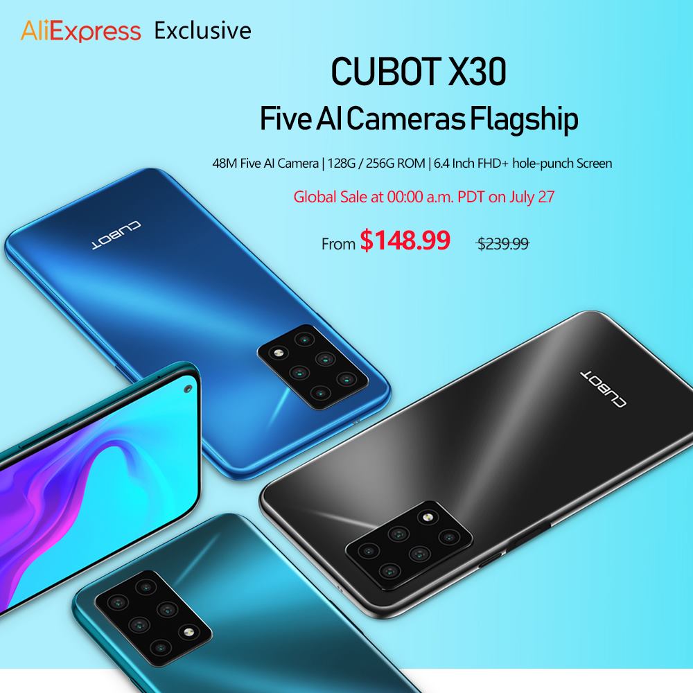 The most affordable smartphone #cubot #X30 with five AI cameras &NFC& 128G/256G is coming Global sale on June 27th PDT at AliExpress. The model will be available in two versions, The 128GB Version will be on sales at $148.99 and the 256GB Version on sales at $178.99. Shipment within 48 hours. ✅Add to Cart in Advance: www.tomtop.com