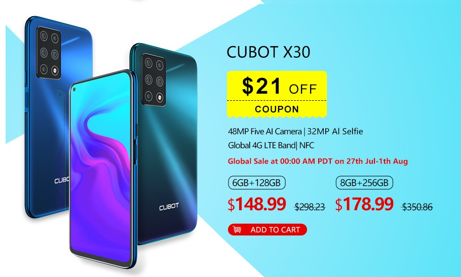 Best Price! Most Affordable # Cubot # X30 with 5-Camera Camera is available Now!  The 128GB Version will be on sales at $148.99 and the 256GB Version on sales at $178.99. Only from July 27 to August 1, Shipment within 48 hours. Buy Now🛒 >>  www.tomtop.com