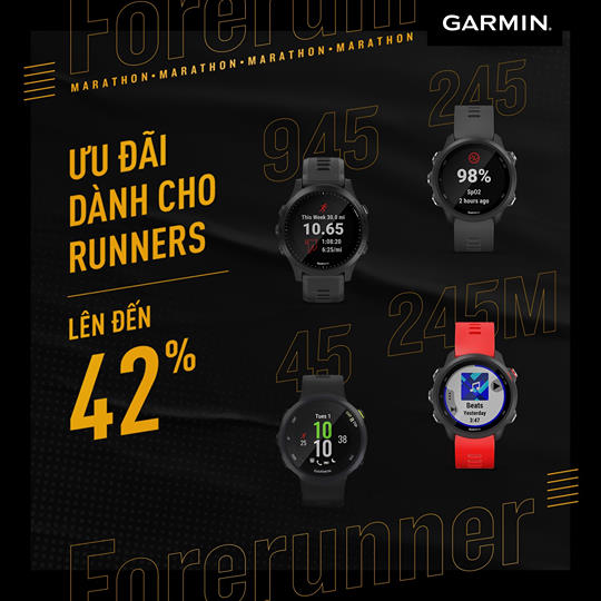 Forerunner for runners  Nhằm tiếp thêm lửa cho tất cả runners cho những cuộc đua sắp tới, Garmin mang đến cho tất cả các finishers chương trình ưu đãi đặc biệt  Nếu bạn đã từng tham gia vào những cuộc đua trong danh sách dưới đây, bạn sẽ nhận được mức giảm giá tương đương với số KM bạn đã hoàn thành tại giải với chi tiết như sau: ... 50 suất mua sản phẩm với giá chỉ 58% (Giảm 42%) cho runners hoàn thành 42KM