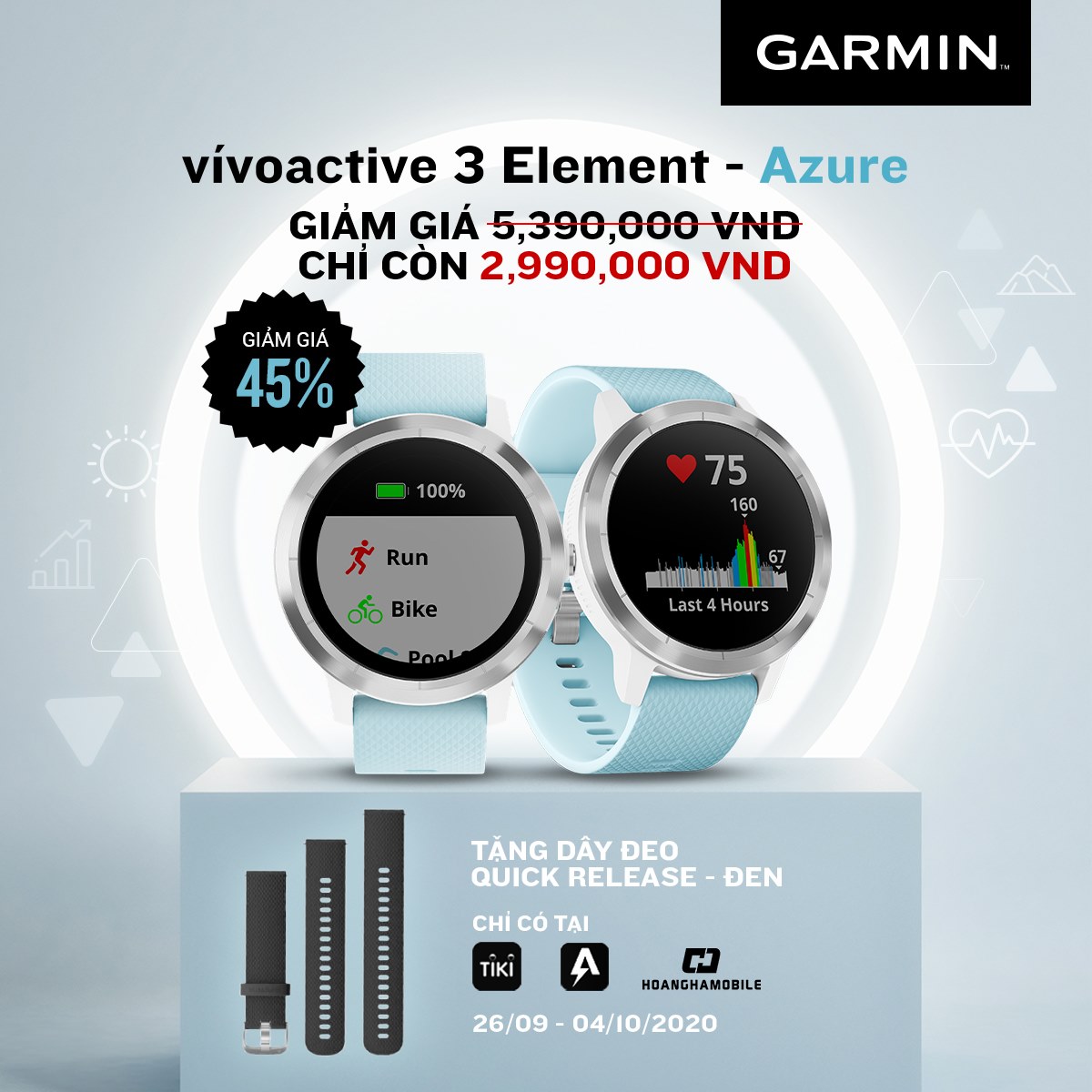 ✨ [ƯU ĐÃI ĐẶC BIỆT] VÍVOACTIVE 3 ELEMENT GIẢM 45% VÀ TẶNG DÂY ĐEO TRỊ GIÁ 690.000 VND KHI MUA ONLINE ✨ 🤩 vívoactive 3 Element - màu Azure giá 5.390.000 VND, NAY CHỈ CÒN 2.990.000 VND. 