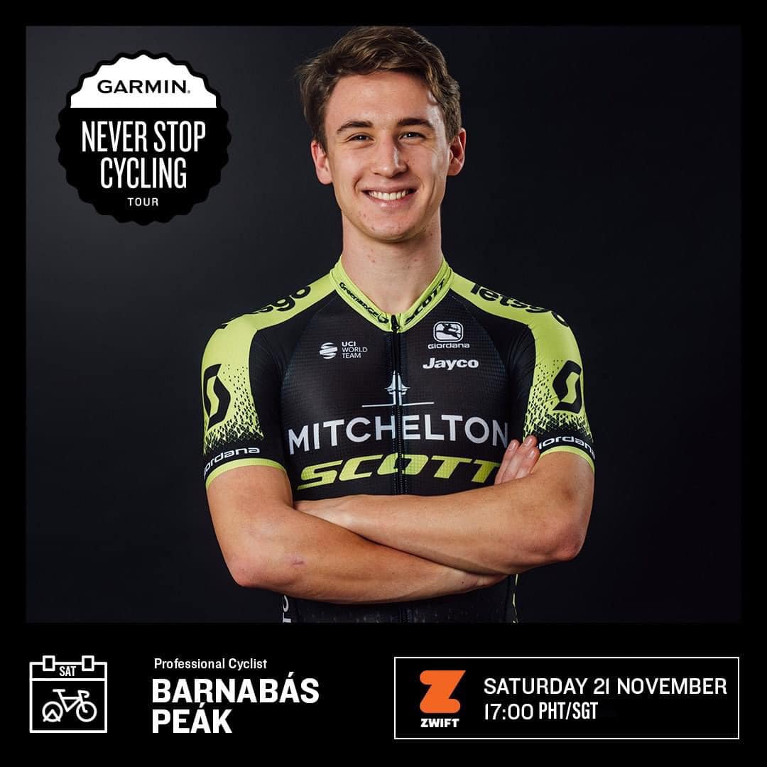 Time for the next round of our Garmin X Zwift Never Stop Cycling Ride! 🚴 Garmin Asia is hosting a virtual ride with Mitchelton-SCOTT pro, Barnabás Peák, so hop on your Tacx trainer and join us this Saturday afternoon 5PM, PH/SG time