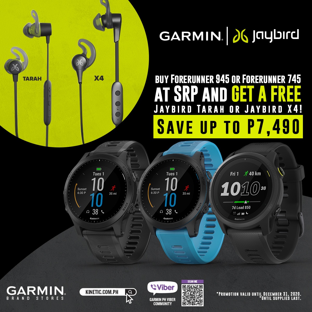 Last minute holiday shopping? Fret no more because our December Deals just keep getting BIGGER and BOLDER!  Thoughtful gifts can still be secured in time for the holiday. Check out our bundle deals for the fitness enthusiasts in your life. Buy a Garmin Forerunner 945 or a Garmin Forerunner 745 at SRP and GET A FREE Jaybird Tarah or Jaybird X4*! Save up to P7,490! Shop for him, for her, or better yet—shop for you. Gifts for everyone on your list.  Promotion valid until Decembe...r 31, 2020. 