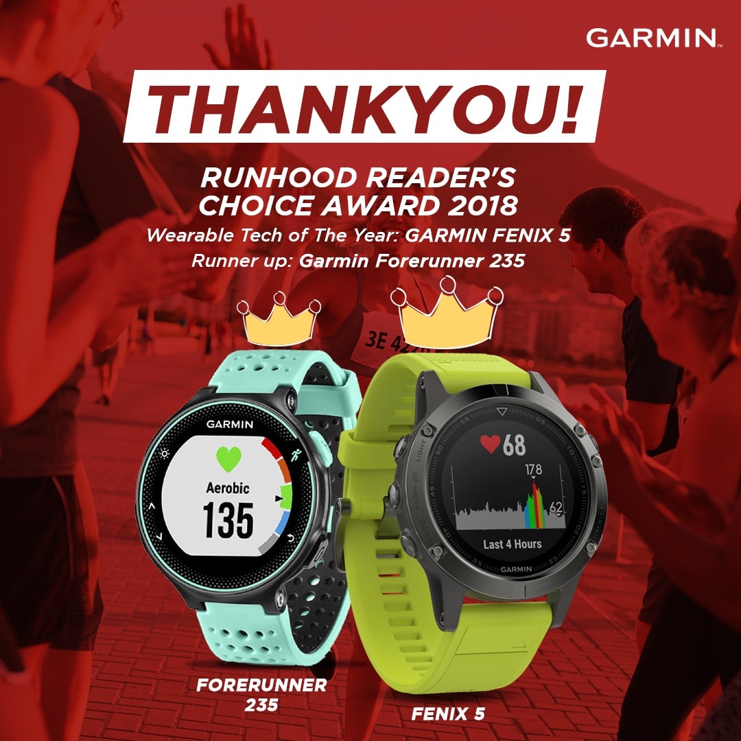 Big thanks to @runhoodmag dan special thanks to all #AnakGarmin yang udah vote Garmin di category Wearable Tech of The Year dan berhasil lolos dengan Garmin FENIX 5 sebagai juara dan Garmin Forerunner 235 sebagai runner up! Let us aim for the top again in 2019! #GarminID