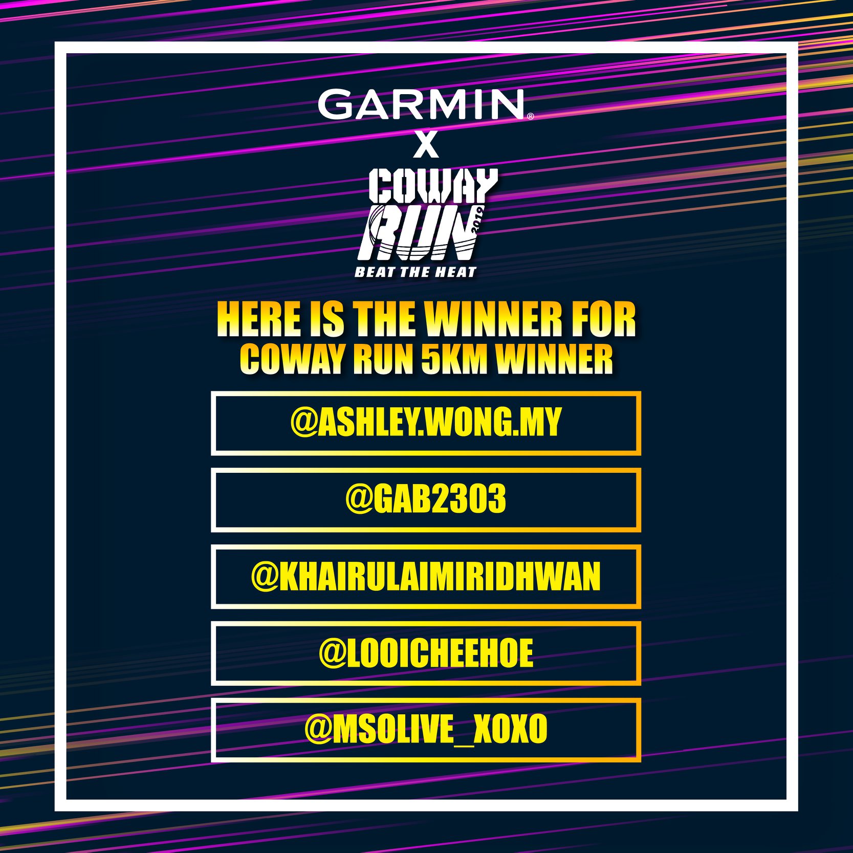 Congratulations! These 5 individuals have won 2 tickets to the 5KM COWAY RUN 2019! Kindly PM us to redeem the promo codes and the registration link.