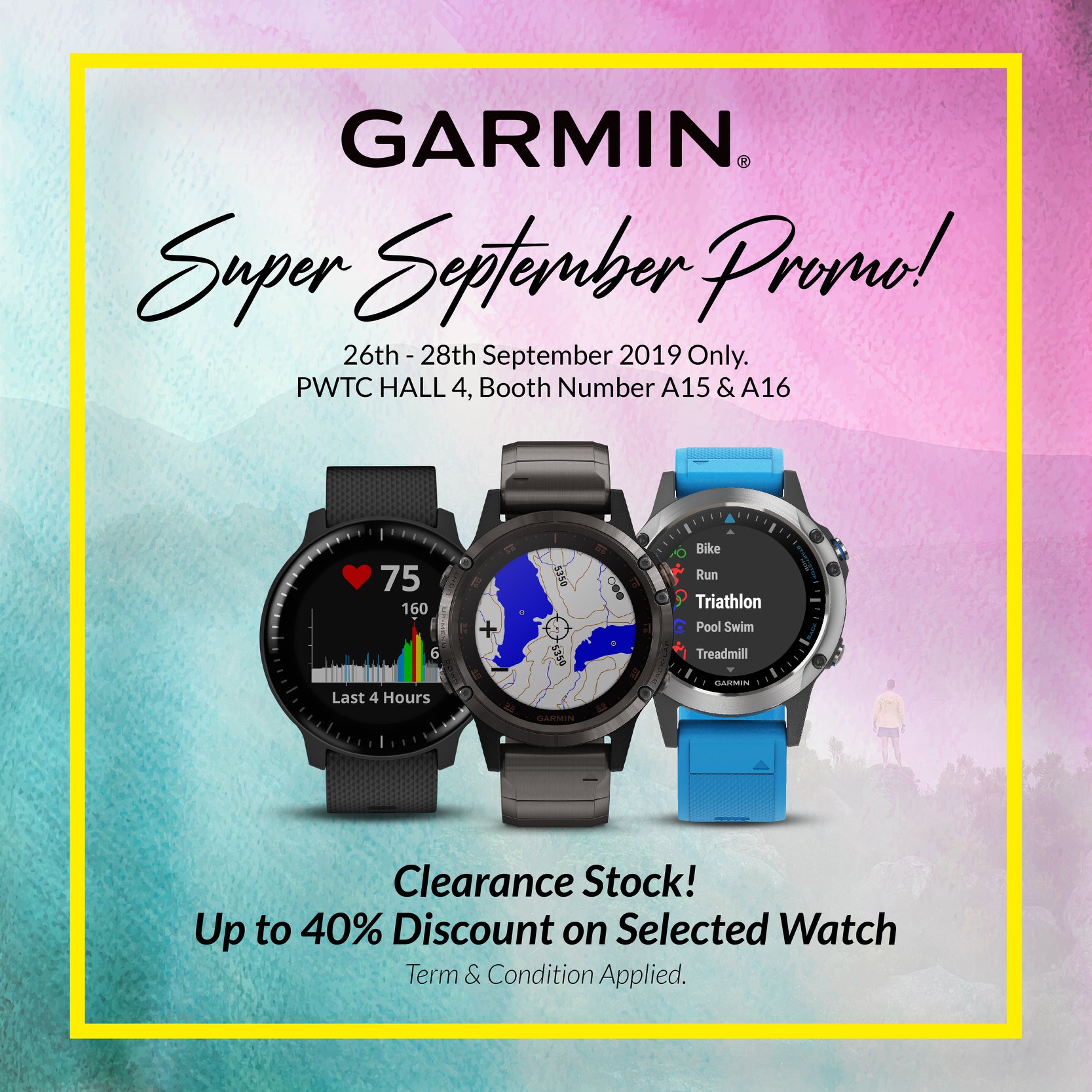 Visit us starting tomorrow to Saturday at PWTC. Exclusive deals up to 40% discount are waiting for you! Booth Number: A15&A16 GARMIN (QuickSport) 