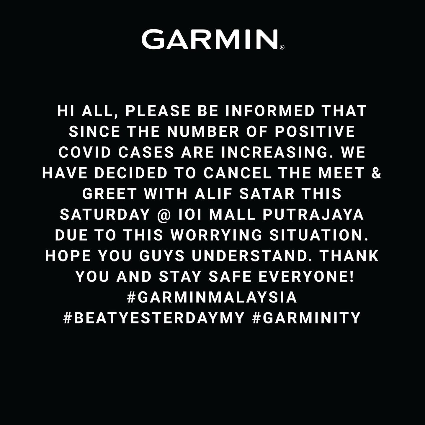 Hi all, please be informed that since the number of positive covid cases are increasing. We have decided to cancel the Meet & Greet with Alif Satar this Saturday @ IOI Mall Putrajaya due to this worrying situation. Hope you guys understand. Thank you and stay safe everyone! 