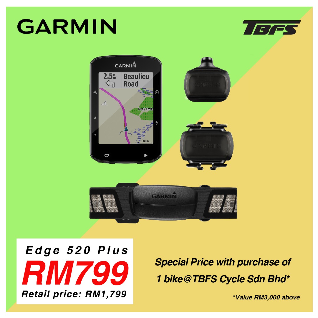 Give your game the winning edge with the Garmin Edge 520 Plus at a discounted price of RM799 only at our authorised dealer today with every purchase of a bike worth RM3,000 and above! Head over to TBFS Cycle Sdn. Bhd at the following address now: