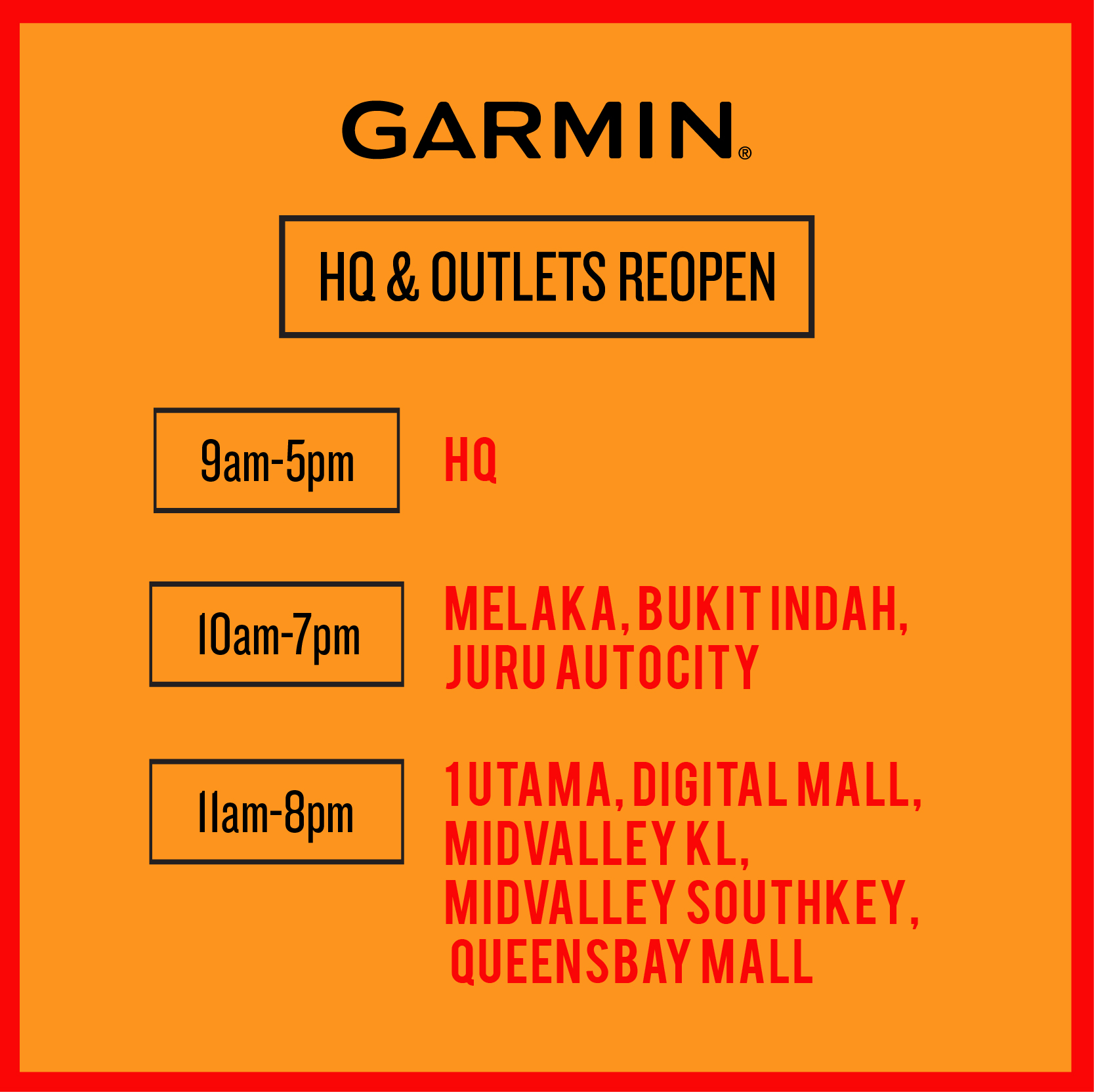 As the movement control order has partially lifted, certain outlets and HQ have resumed it's operation. However Kuantan East Coast Mall and Vivacity outlets are remain closed until further notice.  You may still purchase or contact us via: