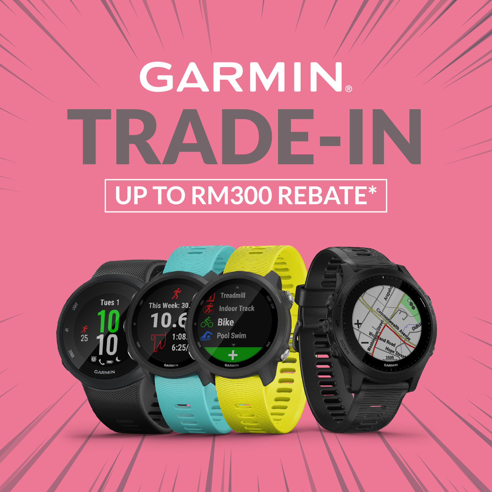 The Garmin's Trade-in Programme (Forerunner Series) is finally here! Upgrade your Garmin today and enjoy up to RM300 worth of rebates when you trade in ANY wrist watch for the following Garmin Forerunner Series:- 