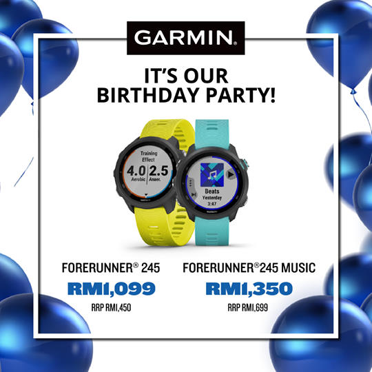 Hey, we're having a Birthday Party! We're celebrating with special offers on selected Garmin devices! So strap up with a new companion today and enjoy these amazing prices on all your favourite Garmin devices. Garmin Forerunner®️ 245 at RM1,099...