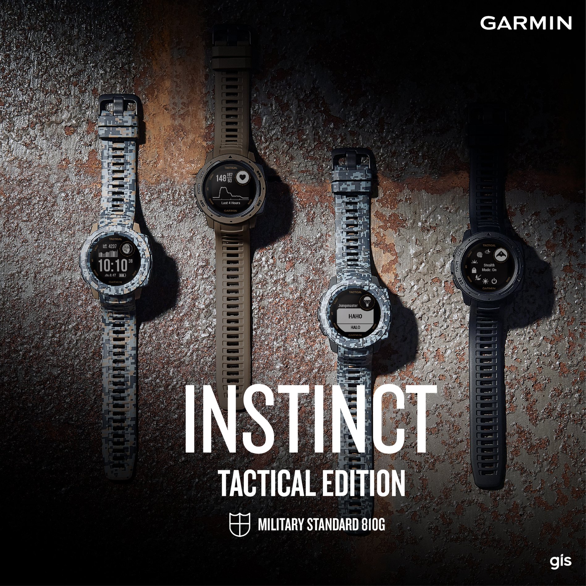 INSTINCT TACTICAL EDITION นาฬิการุ่นใหม่ล่าสุดของ GARMIN ที่เน้นความทนทาน การันตีด้วยมาตรฐาน US.Military Standard 810G ในการกันความร้อน แรงสั่นสะเทือน และกันน้ำลึก 100 เมตร มาพร้อมฟังก์ชั่น Outdoor ที่หลากหลาย โดดเด่นด้วยฟังก์ชั่นใหม่ที่น่าสนใจอย่าง กระโดดร่ม, การแสดงค่าพิกัด 2 รูปแบบ (Dual-Position Format), โหมดการมองเห็นในเวลากลางคืน และโหมดพรางตัว เอาใจสายลุยกับ 4 สีใหม่สุดเท่ 