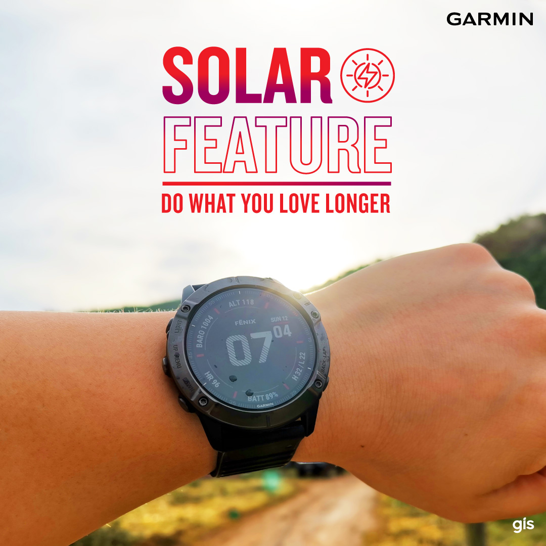 ☀️ Garmin Solar Feature  “Do what You Love Longer” ☀️ Solar Charging 🔋 เป็นเทคโนโลยีการนำพลังงานแสงอาทิตย์มาแปลงเป็นพลังงาน ช่วยให้นาฬิกาใช้งานได้นานขึ้นกว่าเดิม ซึ่งมีอยู่ใน Fenix 6 Solar Series และ Instinct Solar โดยนาฬิกาจะแสดงกราฟระดับความเข้มแสงที่ได้รับบนหน้าจอ หรือเปิด widget “Solar Intensity” เพื่อดูกราฟได้เช่นกัน 📈 Solar Charging 🔋 มีประสิทธิภาพสูงสุดเมื่อใช้งานกลางแจ้งและหน้าปัดนาฬิกาหันเข้าแสงอาทิตย์โดยตรง☀️ ซึ่งการใช้งานในภาวะแสงเข้มข้นสูงสุด (ประมาณ 50,000 ลักซ์ห