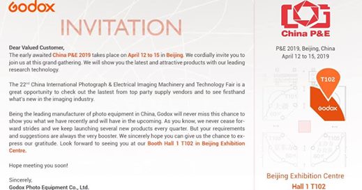 The 22nd China International Photograph & Electrical Imaging Machinery and Technology Fair will take place on April 12-15,2019 at Beijing Exhibition Centre. GODOX will show the latest and attractive products with our leading technology to our customers.