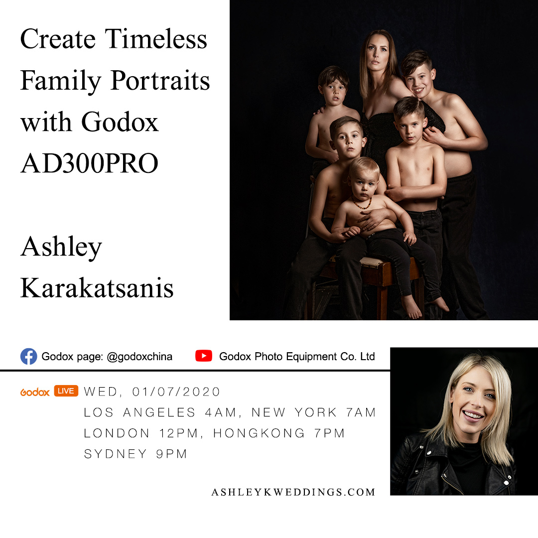 Tune into the Godox Facebook page or YouTube channel on July 1st at 6AM EST where Ashley Karakatsanis and Aries Tao will be broadcasting for about 2 hours talking about creating timeless family portraits with Godox AD300PRO.