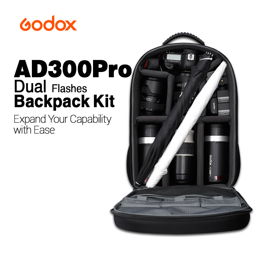 Godox #AD300Pro Dual Flashes Backpack kit was put together to offer photographers a small, lightweight solution, meeting the needs for quick and basic lighting setups, carrying your photo gears in one bag to make your outdoor photography journey easier.  