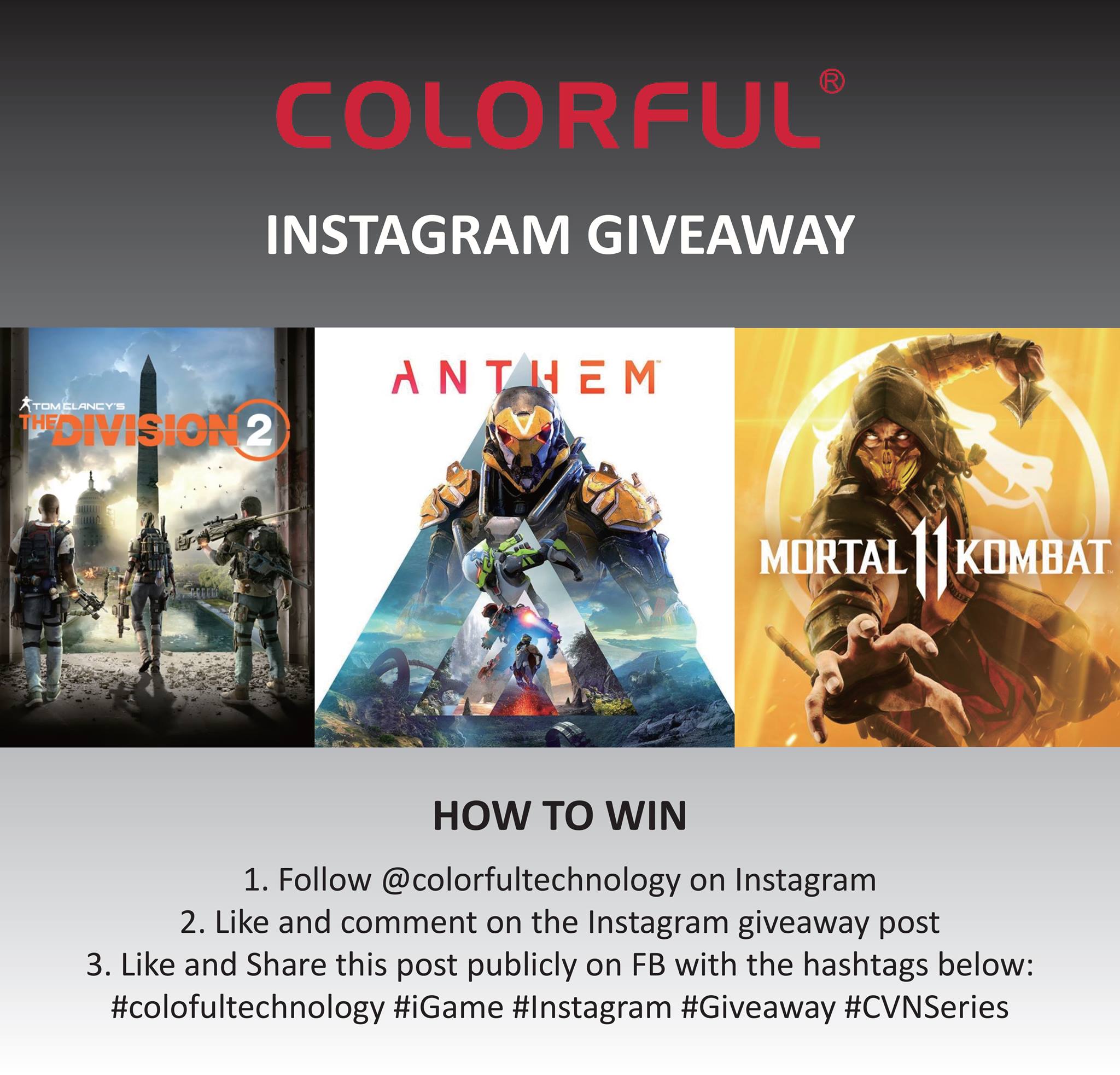 We love beautiful photography as much as you do, so we've set up an Instagram page for all the COLORFUL iGame eye-candy you can gaze upon!  Join the Instagram give away and stand the chance to win one of these hot AAA titles! We'll pick one winner randomly on May 14th from the list of our followers on Instagram!  Official COLORFUL Instagram Page:...