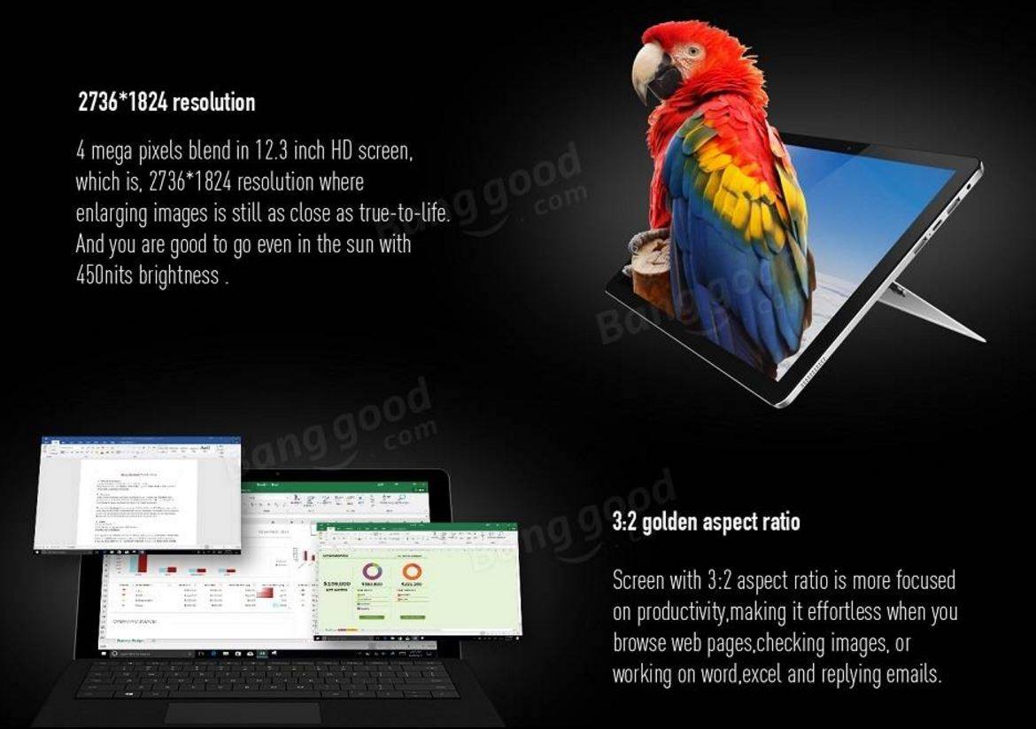 Introducing the new SurBook, with amazing 2736 X 1824p screen. Chuwi SurBook 64GB Intel Apollo Lake Celeron N3450 Quad Core 12.3 Inch Windows 10 Tablet PC Purchase a 64GB Surbook from the Banggood website, here: www.tomtop.com or the 128GB Version from Banggood, here: www.tomtop.com