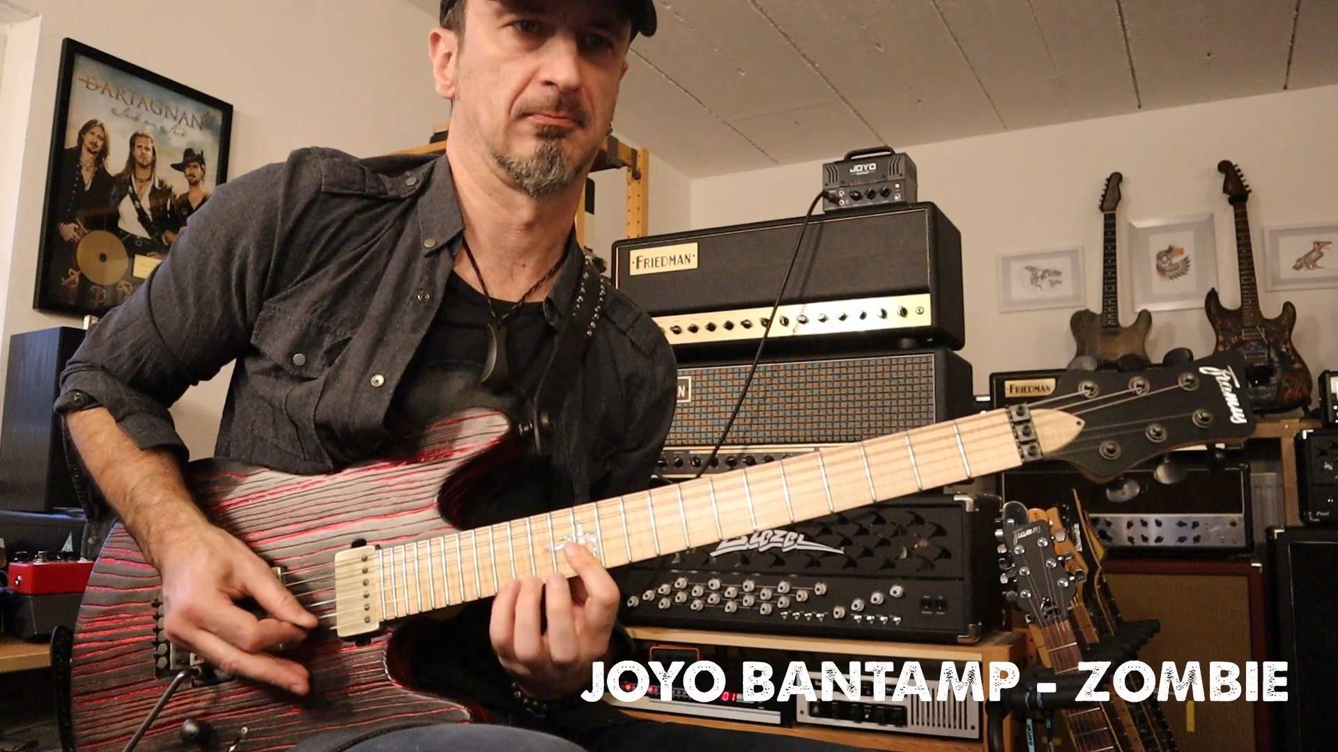 Joyo artist Hans Platz shredding with Bantamp Zombie, that launch box sitting on the top.