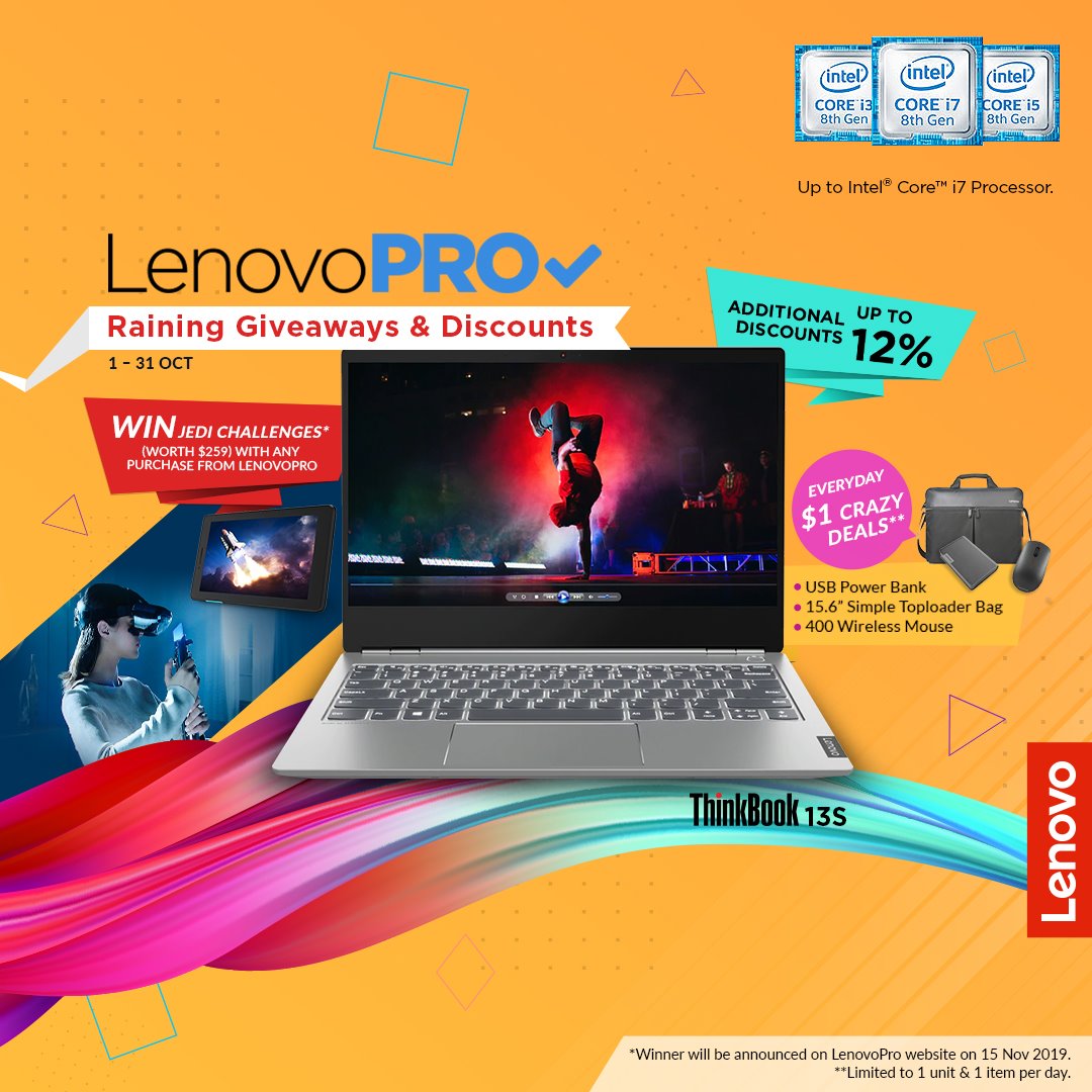 Say hello to Octoberific deals on LenovoPro! Enjoy everyday $1 Hot Deals** (USB Power Bank, 15.6” Simple Toploader Bag, and 400 Wireless Mouse).  Look out for a coupon code on the Lenovo website daily and you may stand a chance to avail of the $1 Hot Deals. Additional discount at up to 12% off awaits! Terms and conditions apply. *Winners will be announced on LenovoPro website on 15 Nov 2019.  **Limited 1 unit per day. Raining giveaways and discounts all month long! Visit www.tomtop.com 