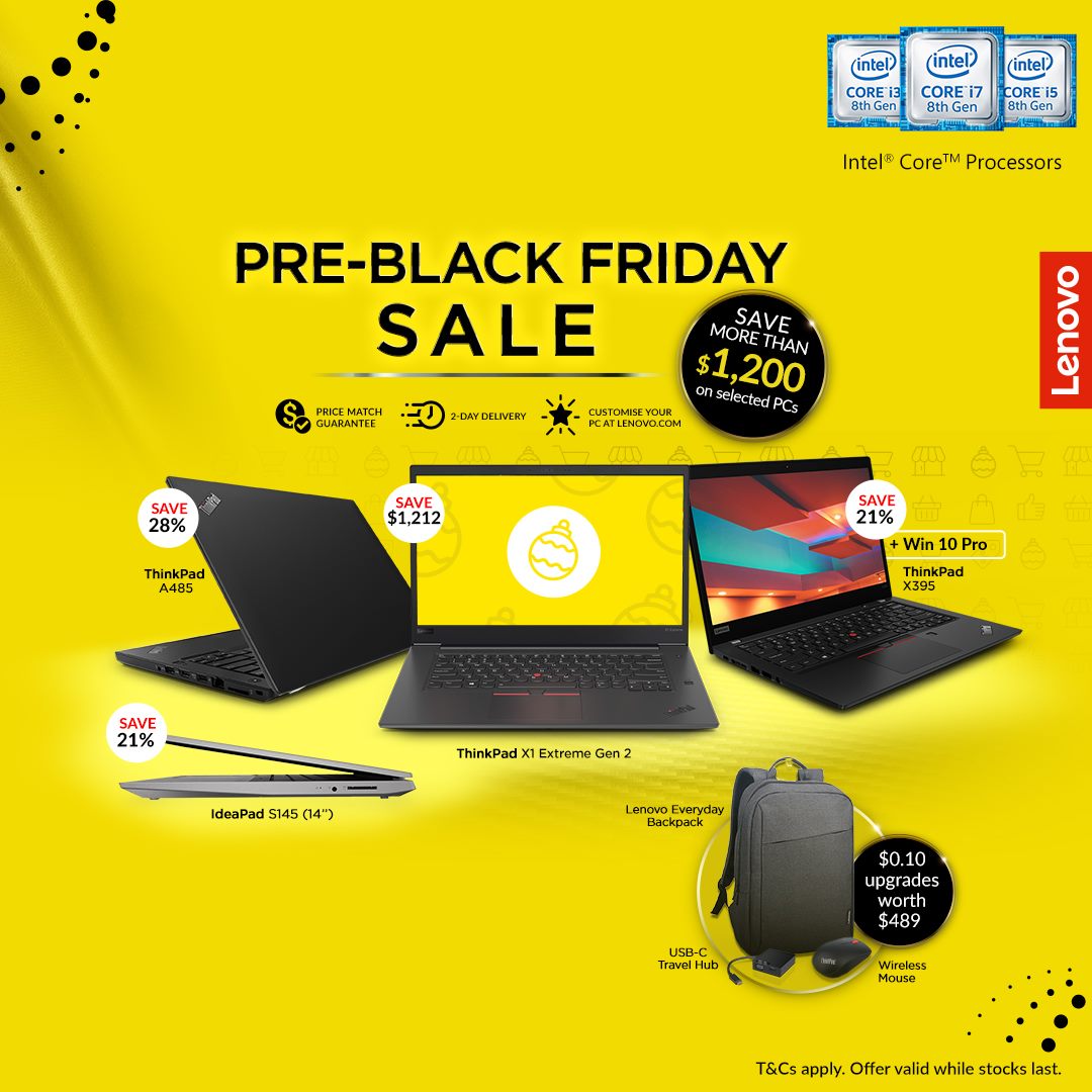 Early bird Black Friday deals are in at up to $1,200 savings on selected PCs! You’re in for a big savings surprise: $1,212 savings on ThinkPad X1 Extreme Gen 2, 28% savings on ThinkPad A485, 21% savings on IdeaPad S145 and ThinkPad X395 + Win 10 Pro