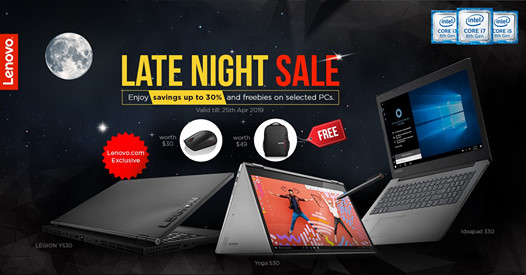 Calling all night owls! Cap off the night with Lenovo.com Exclusive Late Night Sale. Enjoy 30% off savings from 8pm – 8am. Plus, grab these freebies: Lenovo Backpack Case (worth $49) and laser wireless mouse (worth $30).  Until 25 April only.