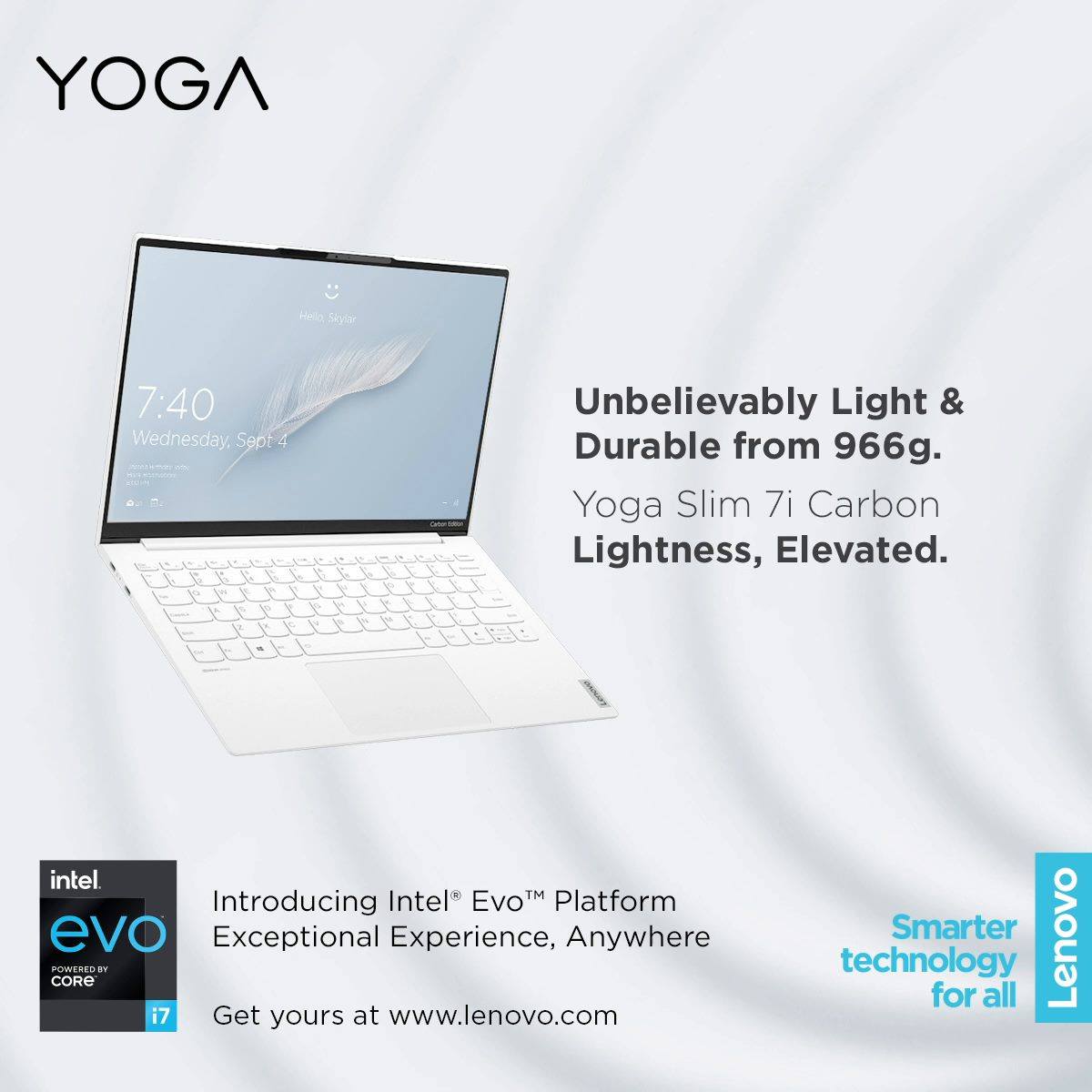 The Yoga Slim 7i Carbon elevates lightness, durability & mobility in a sleek Moon White facade. Constructed from multi-layered Web-Core 2.0 Carbon Fibre that reduces material weight by 40%, the #YogaSlim7iCarbon is both ultra-light and ultra- durable. This featherweight is made amazingly powerful with Intel® EvoTM platform, with long battery life that lasts for up to 15 hours.  #LightnessElevated #IntelEvo...