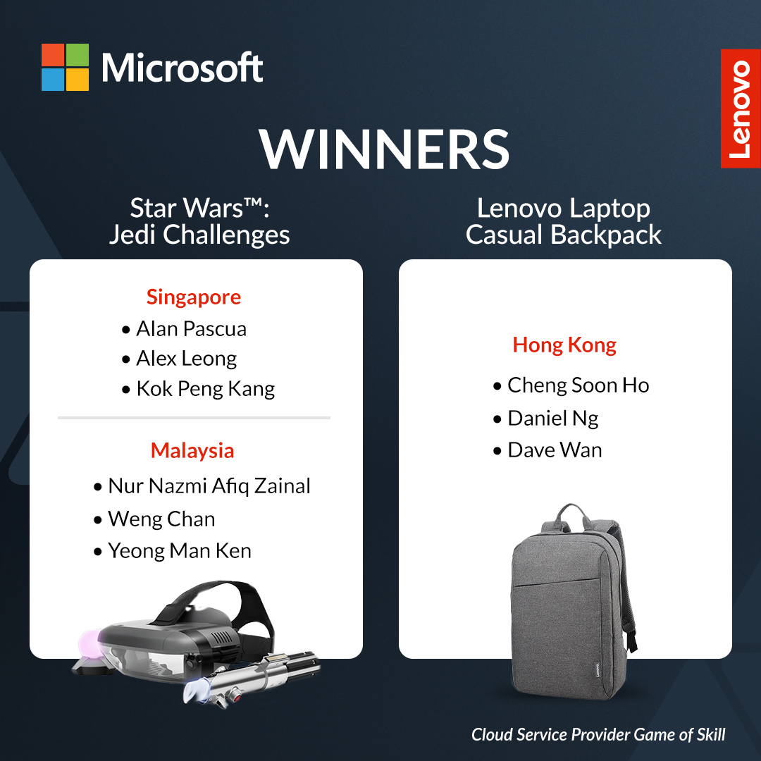 We are grateful to all the participants of the Lenovo and Microsoft M365 Webinar. Shoutout to these winner who will receive Star Wars™ Jedi Challenges! • Alex Leong