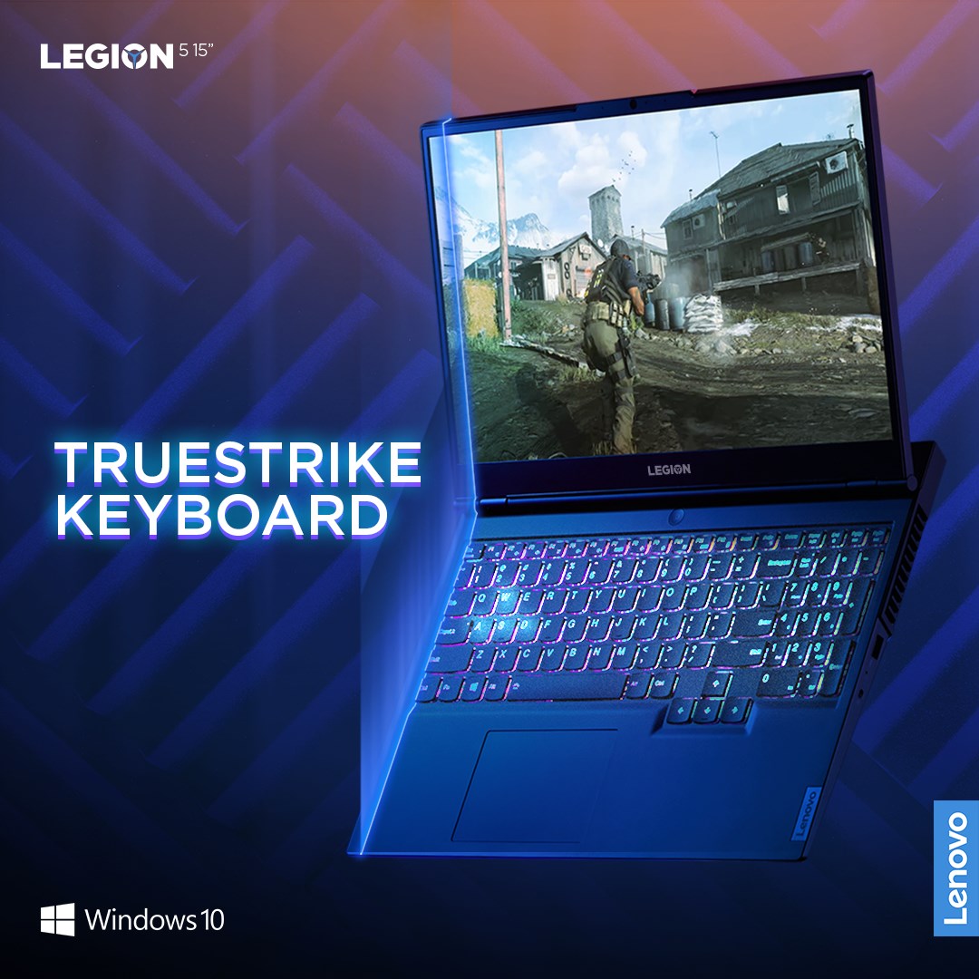 The Legion 5’s TrueStrike keyboard features soft landing switches with 1.5mm key travel distance, dedicated media keys, number pad, larger arrow keys and a one piece trackpad. Now available with optional 4 Zone RGB backlighting.