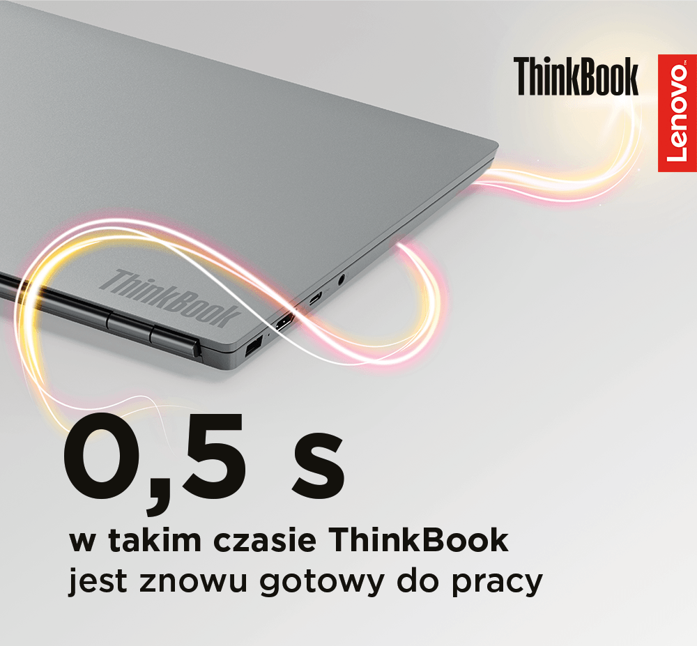 Z cyklu "Rozwiązania w Lenovo ThinkBook". Smukły i lekki ThinkBook 13s przyciąga wzrok metalicznym wykończeniem całkowicie aluminiowej obudowy. Dysponuje też wieloma ciekawymi rozwiązaniami. Z trybu Modern Standby wybudza się w niecałe pół sekundy! Wystarczy podnieść klapę i laptop jest od razu gotowy do działania. ... ---