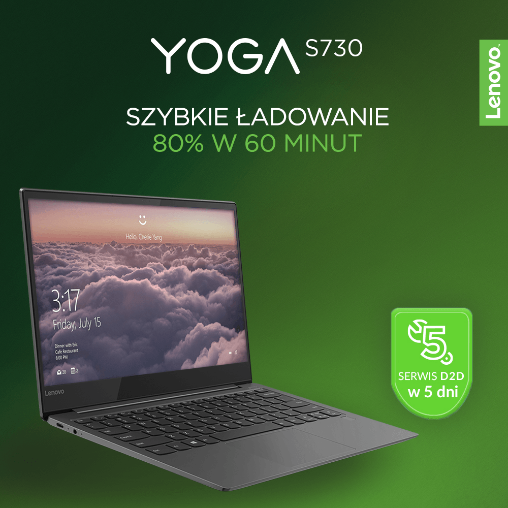 Czy wiesz, że wystarczy na godzinę podłączyć Yoga S730 do prądu, by bateria naładowała się do 80%?  Do tego ten model objęty jest programem Lenovo Premium Care🛡, który gwarantuje naprawę w ciągu 5 dni roboczych.  Jeżeli nie dotrzymamy terminu, zwrócimy pieniądze za zakup oraz naprawionego laptopa. ...